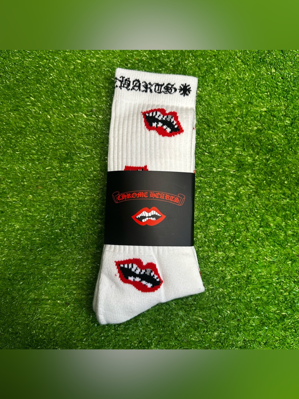 Chrome Hearts White Crew Socks with Red Lip Graphic